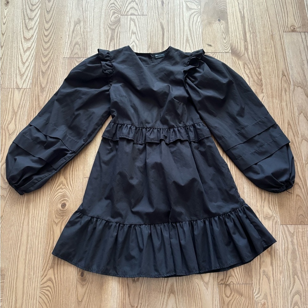 Asos Black Flowy Mini Dress With Puffy Sleeves